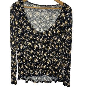 AMERICAN EAGLE Button Floral Soft & Sexy Slub Scoop Neck Cottage Womens XS Black